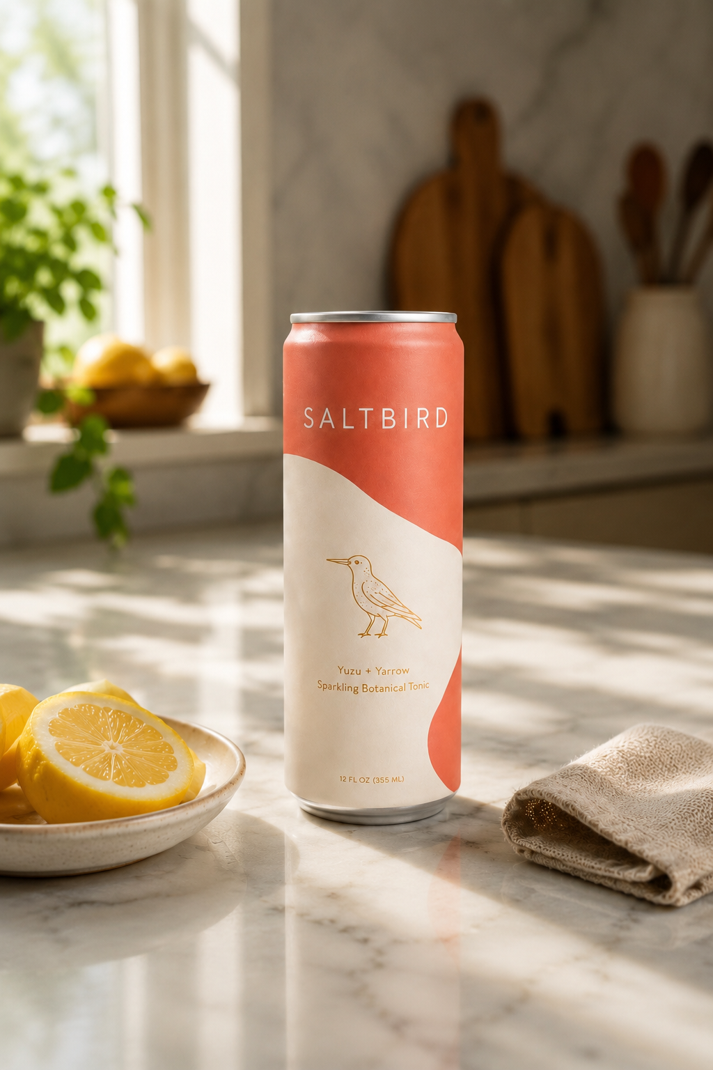 Saltbird Yuzu + Yarrow sparkling tonic on a sunlit kitchen counter