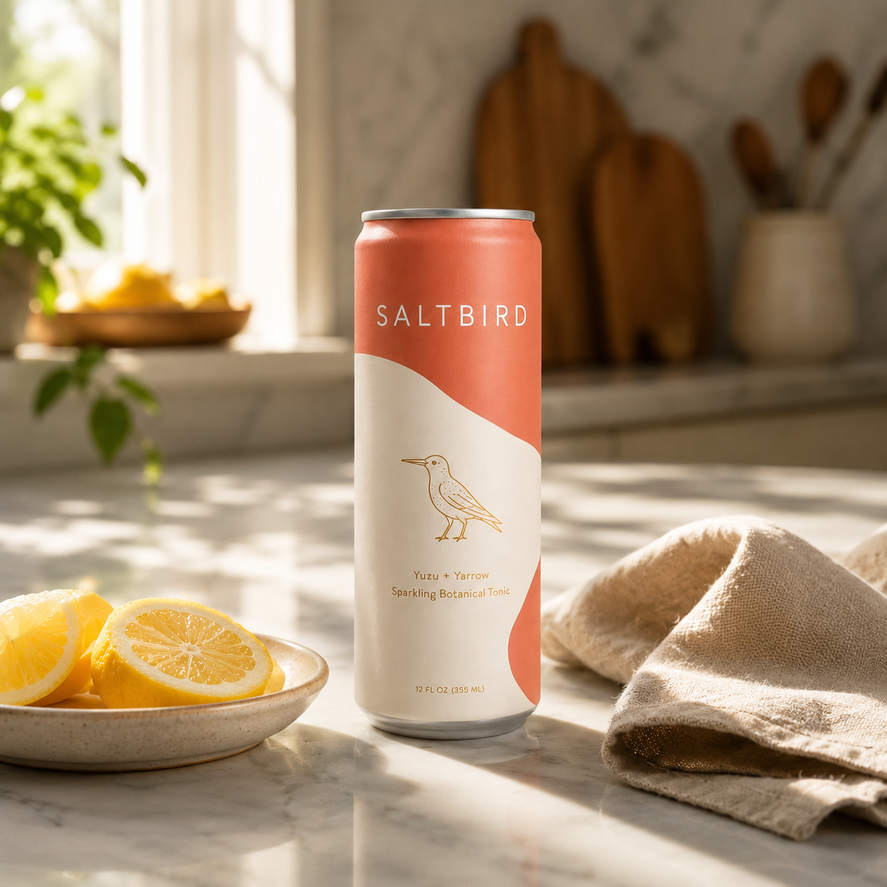 Saltbird on a sunlit kitchen counter